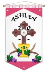 ~ DELUXE ~ First Communion Banner Kit 12 in. x 18 in. Pink Cross Black Letters