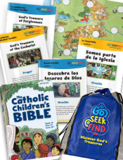 Go Seek Find English Catholic Children's Bible + Spanish & English Activity Booklets