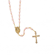 Translucent rosé pearl rosary on gold chain